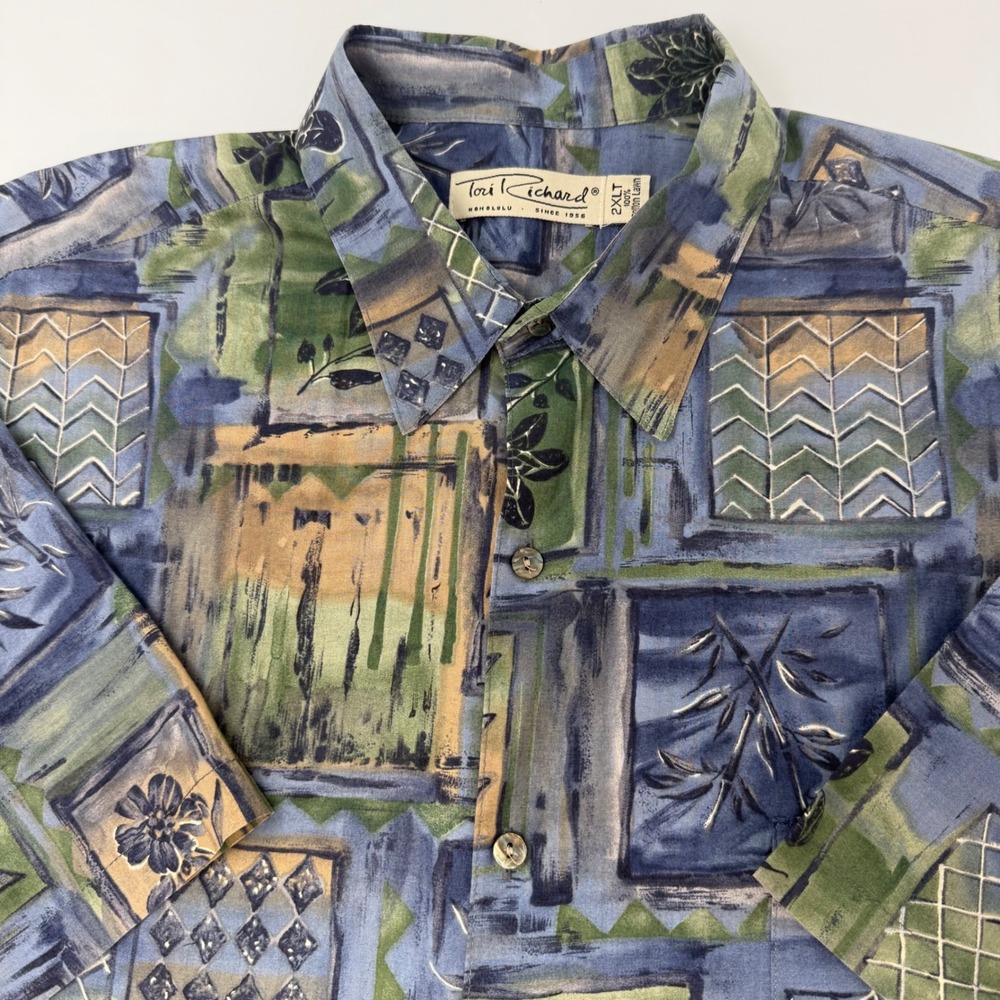 Tori Richard Mens 2XLT Lawn Aloha Shirt Blue Green Geometric Floral Tall FLAW